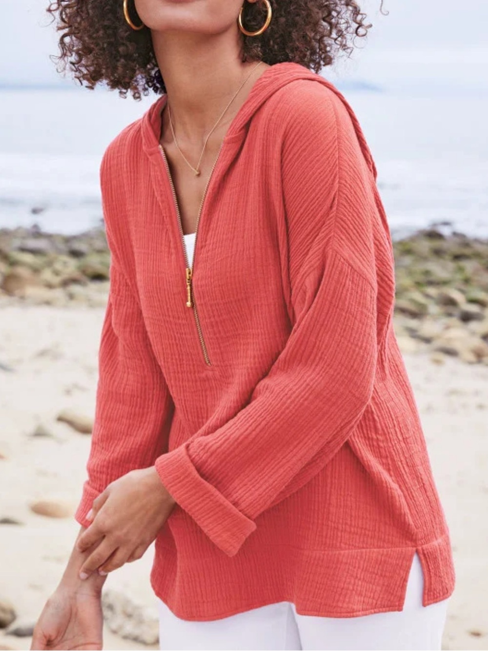 Soft Surroundings Red Gauze Cotton Lightweight Hooded Half-Zip Hoodie Size L